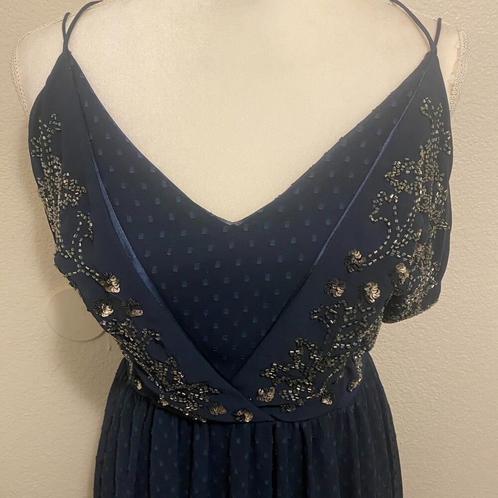 RANNA GILL Lucinda Navy Blue Beaded Bodice Lined Spaghetti Strap Maxi Dress Sz 4 - Picture 4 of 9